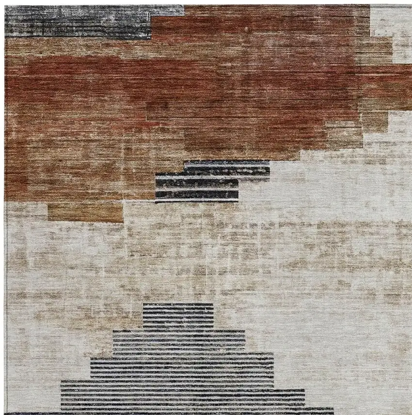 Rust Ivory And Charcoal Geometric Washable Indoor Outdoor Area Rug Photo 3