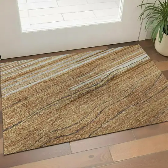 Rust Ivory And Gold Striped Washable Area Rug With UV Protection Photo 2