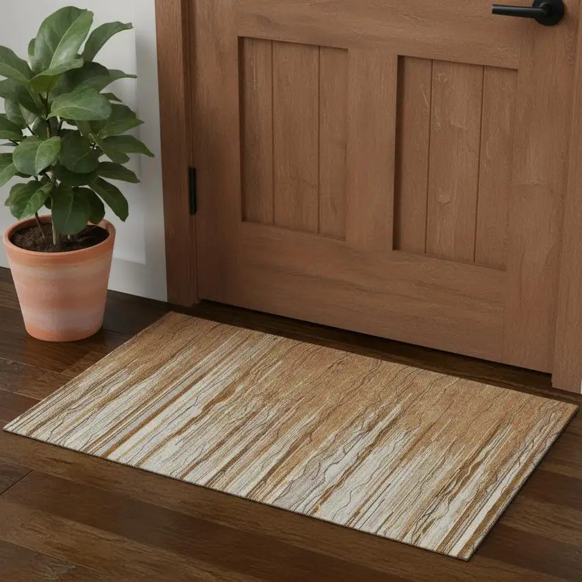 Rust Ivory And Gold Striped Washable Area Rug With UV Protection Photo 1