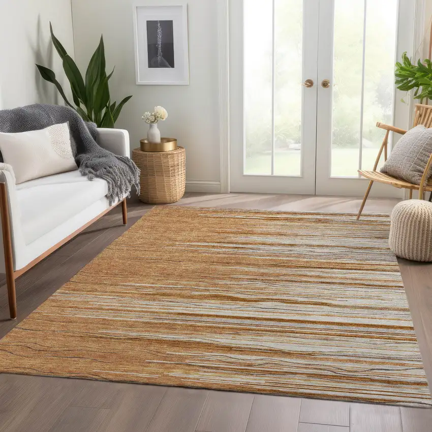 Rust Ivory And Gold Striped Washable Area Rug With UV Protection Photo 3