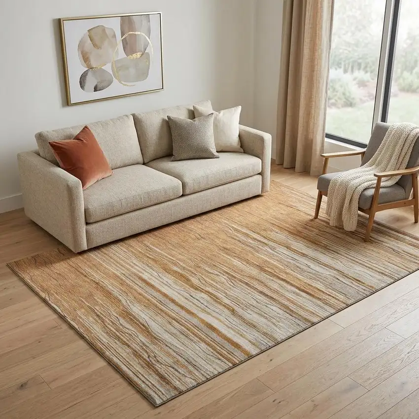 Rust Ivory And Gold Striped Washable Area Rug With UV Protection Photo 1