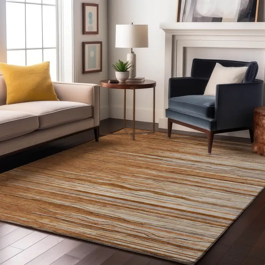 Rust Ivory And Gold Striped Washable Area Rug With UV Protection Photo 3