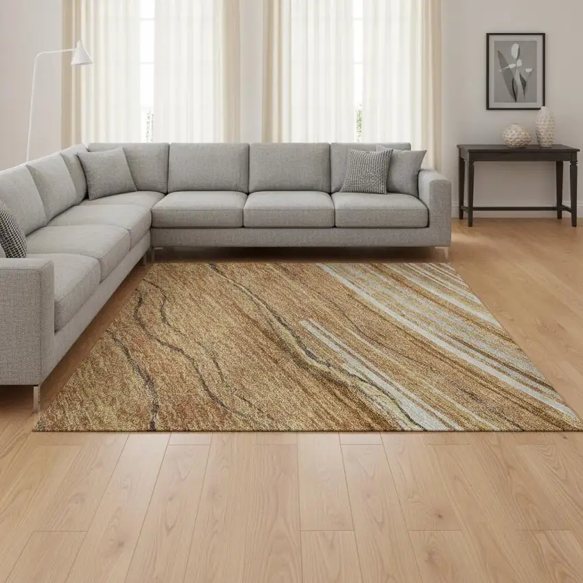 Rust Ivory And Gold Striped Washable Area Rug With UV Protection Photo 2