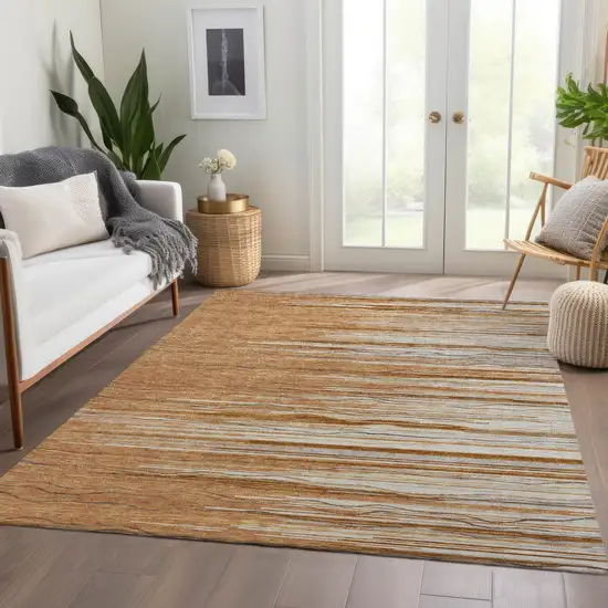 Rust Ivory And Gold Striped Washable Area Rug With UV Protection Photo 3