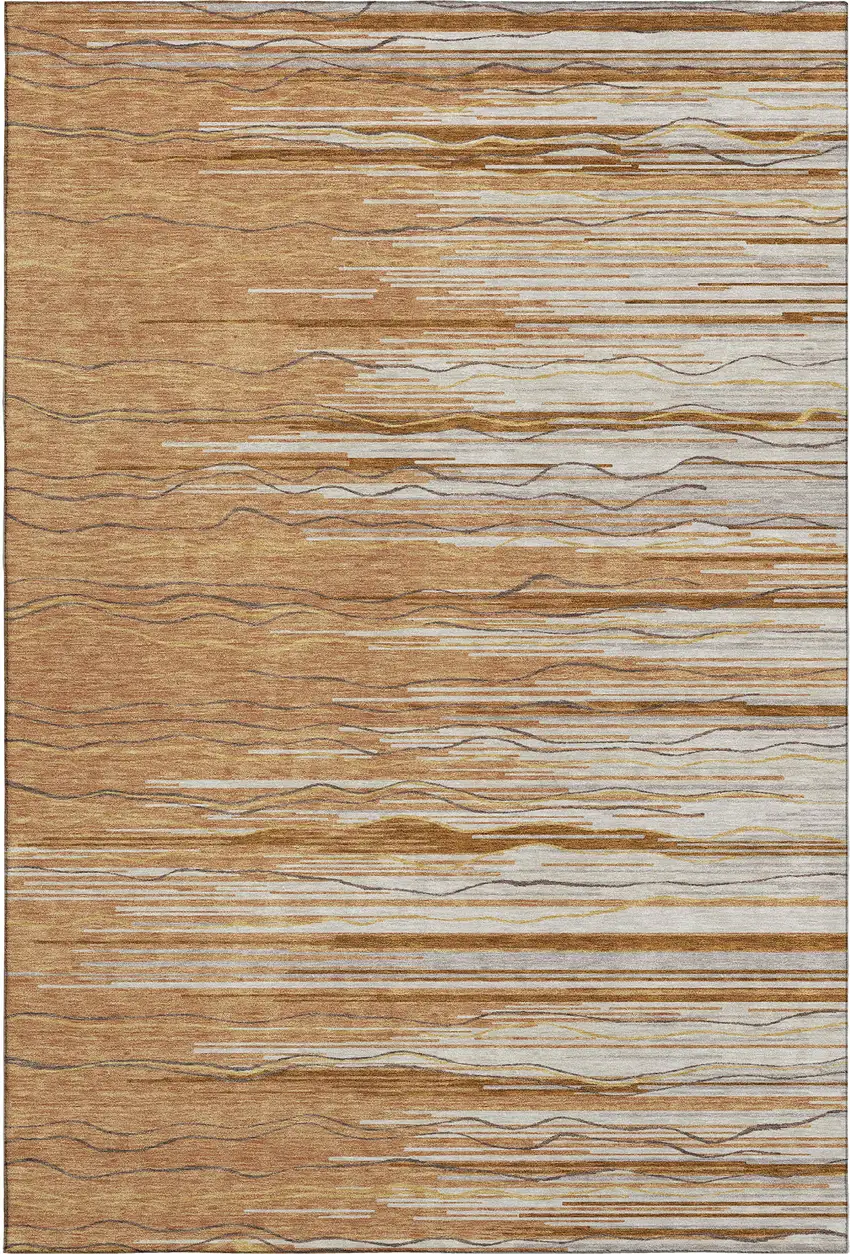 Rust Ivory And Gold Striped Washable Area Rug With UV Protection Photo 5