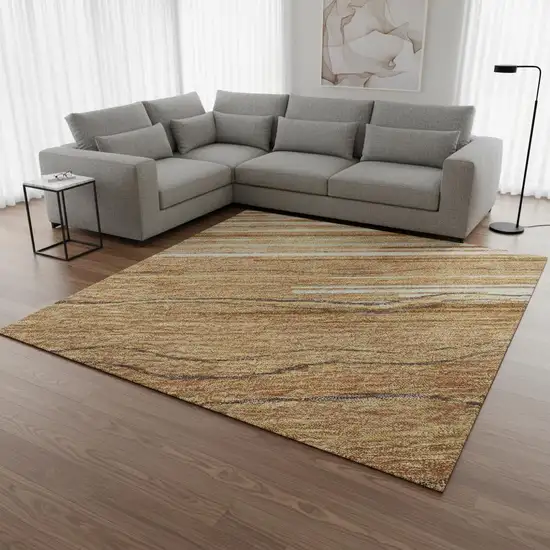 Rust Ivory And Gold Striped Washable Area Rug With UV Protection Photo 2