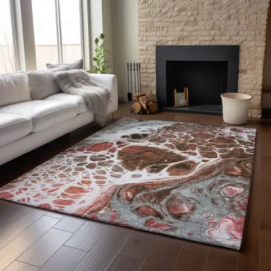 Rust Ivory And Gray Abstract Washable Area Rug With UV Protection Photo 4