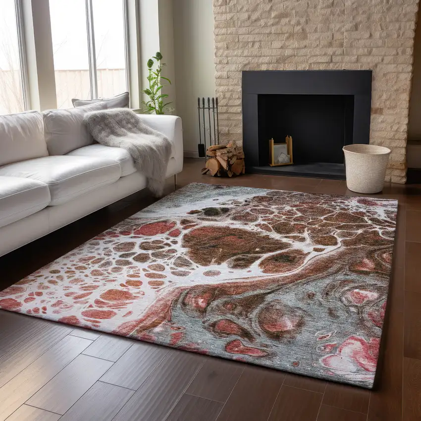 Rust Ivory And Gray Abstract Washable Area Rug With UV Protection Photo 5