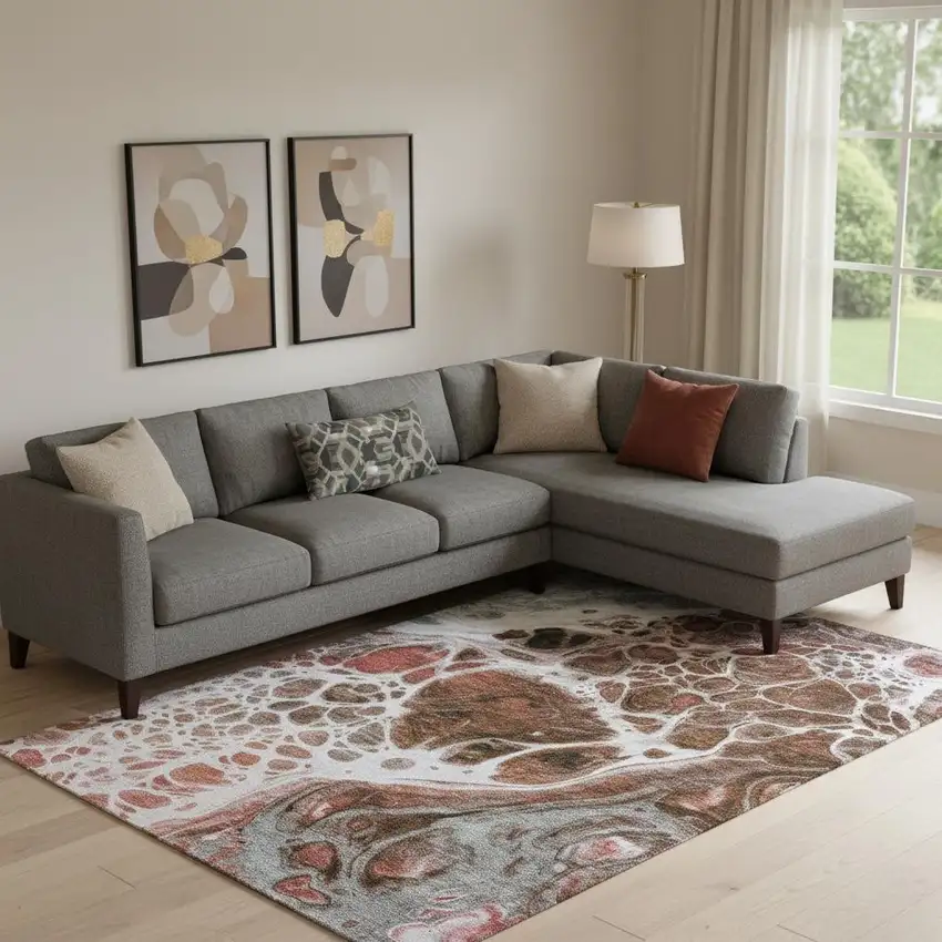 Rust Ivory And Gray Abstract Washable Area Rug With UV Protection Photo 1