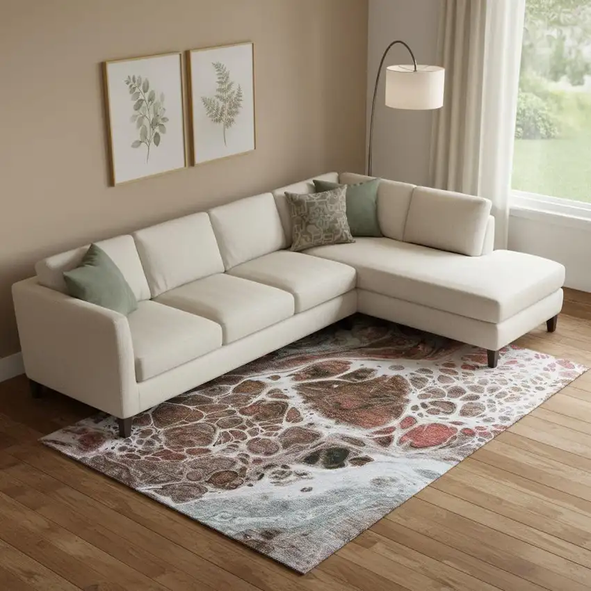 Rust Ivory And Gray Abstract Washable Area Rug With UV Protection Photo 1