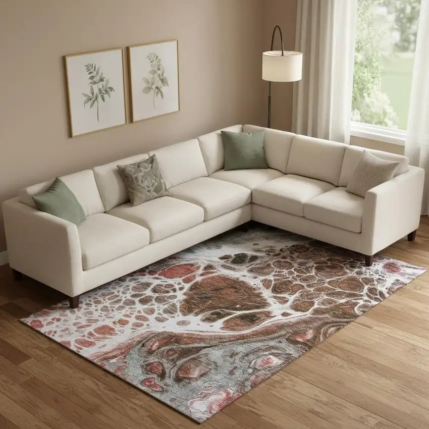 Rust Ivory And Gray Abstract Washable Area Rug With UV Protection Photo 1