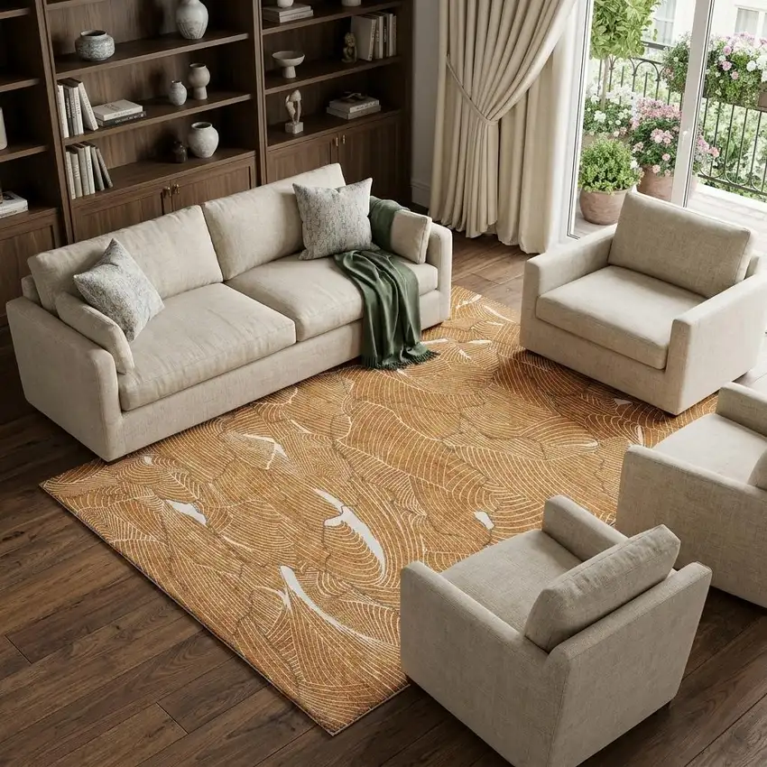 Rust Ivory And Gray Abstract Washable Area Rug With UV Protection Photo 1