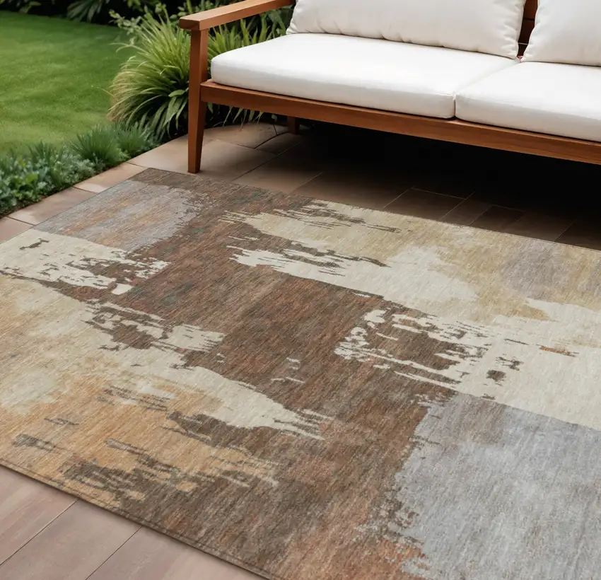 Rust Ivory And Gray Abstract Washable Indoor Outdoor Area Rug Photo 1