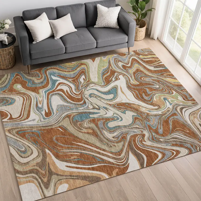 Rust Ivory And Gray Abstract Washable Indoor Outdoor Area Rug Photo 5