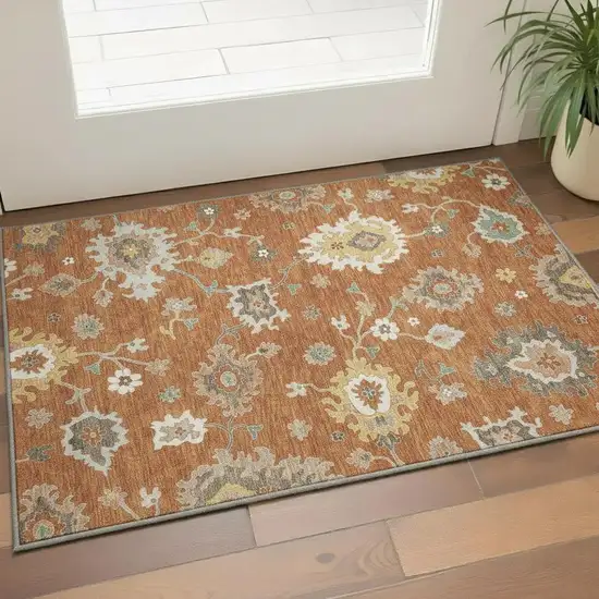 Rust Ivory And Gray Floral Medallion Washable Area Rug With UV Protection Photo 2