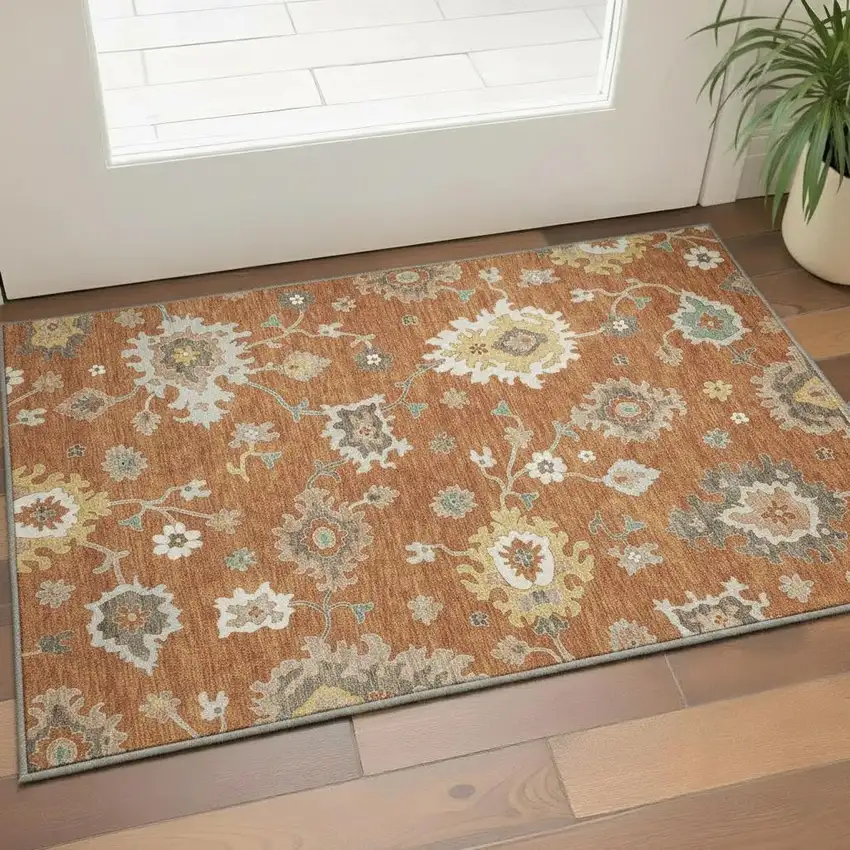 Rust Ivory And Gray Floral Medallion Washable Area Rug With UV Protection Photo 2
