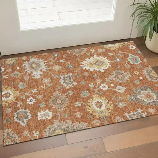 Rust Ivory And Gray Floral Medallion Washable Area Rug With UV Protection Photo 1
