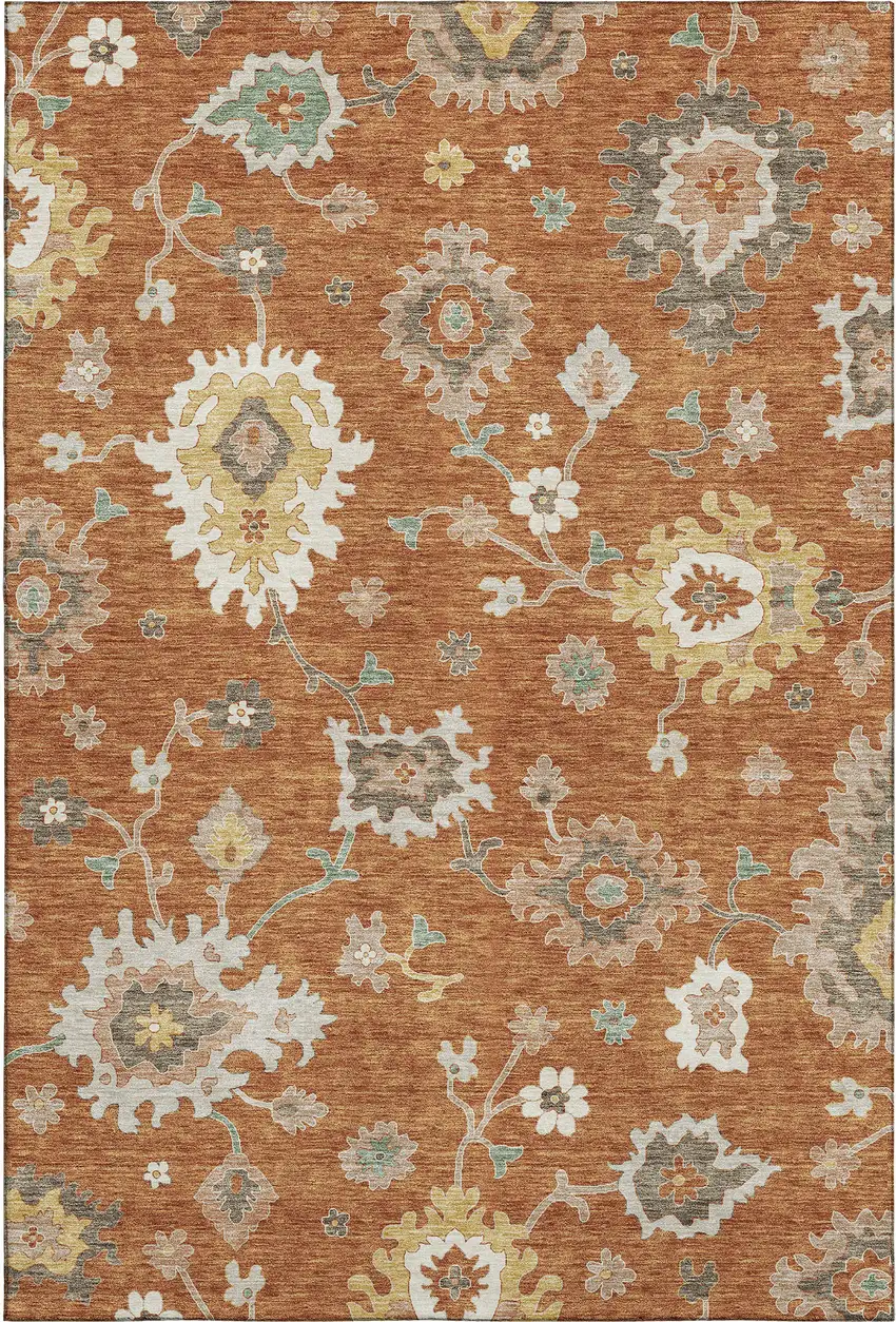 Rust Ivory And Gray Floral Medallion Washable Area Rug With UV Protection Photo 1