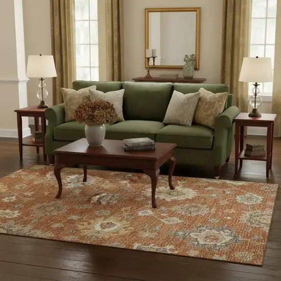 Rust Ivory And Gray Floral Medallion Washable Area Rug With UV Protection Photo 2