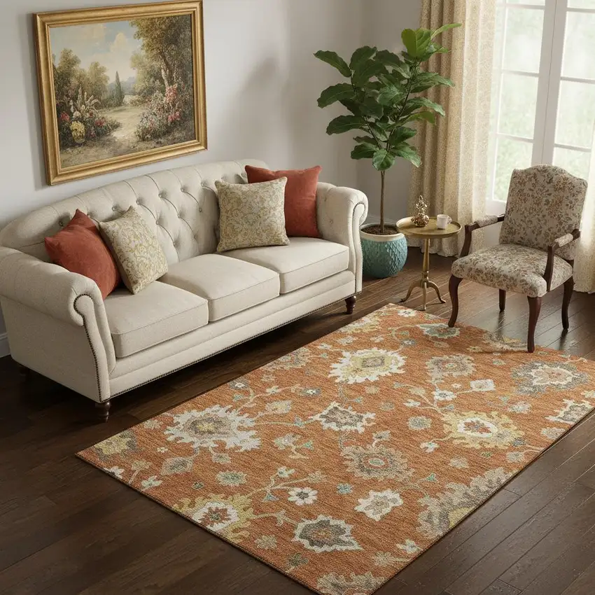 Rust Ivory And Gray Floral Medallion Washable Area Rug With UV Protection Photo 1
