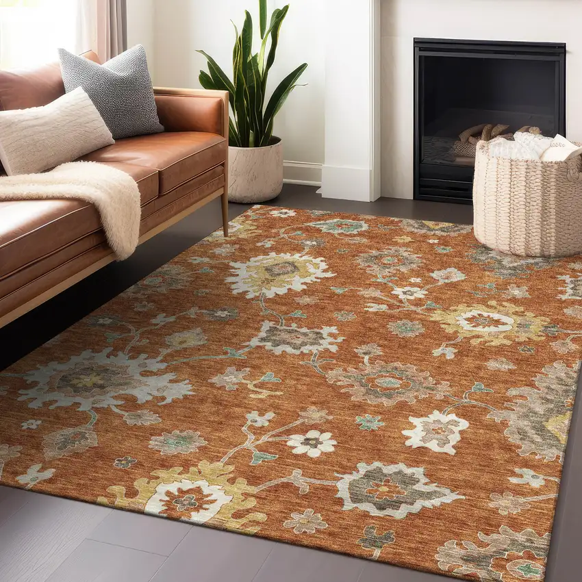 Rust Ivory And Gray Floral Medallion Washable Area Rug With UV Protection Photo 5
