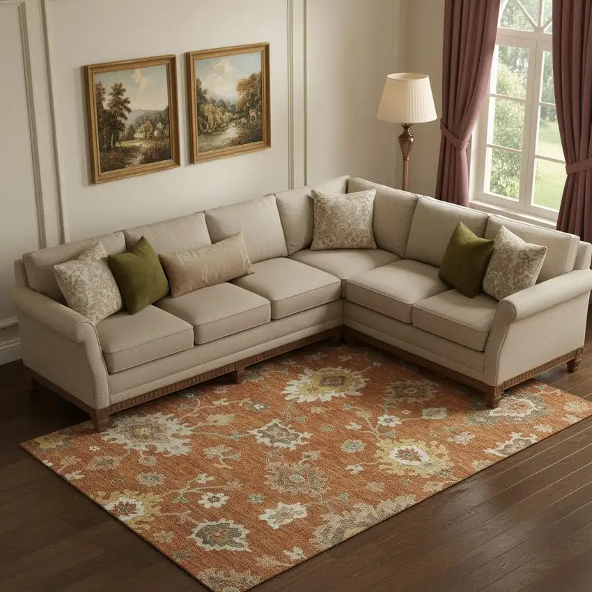 Rust Ivory And Gray Floral Medallion Washable Area Rug With UV Protection Photo 1