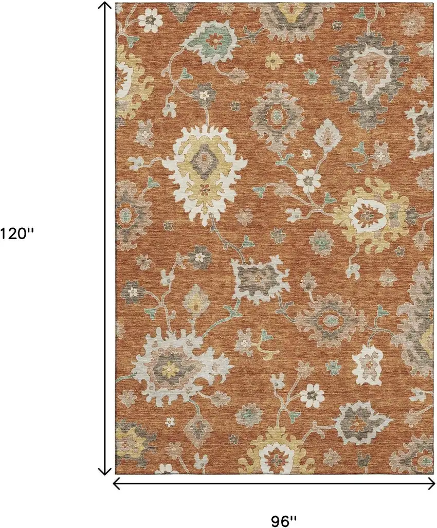 Rust Ivory And Gray Floral Medallion Washable Area Rug With UV Protection Photo 3