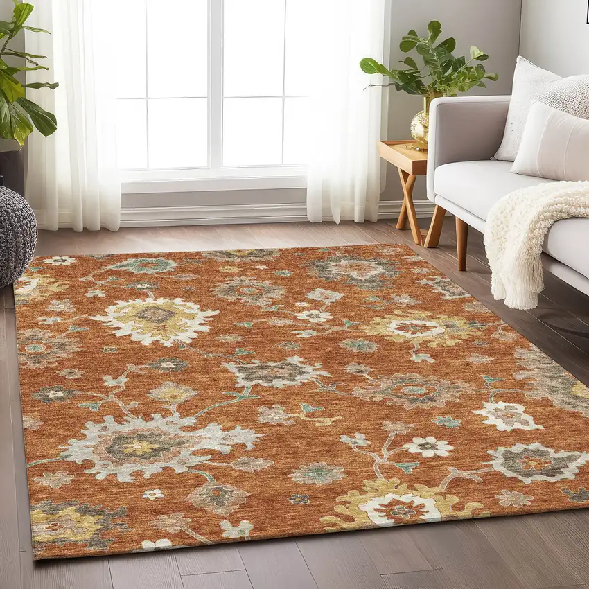 Rust Ivory And Gray Floral Medallion Washable Area Rug With UV Protection Photo 5