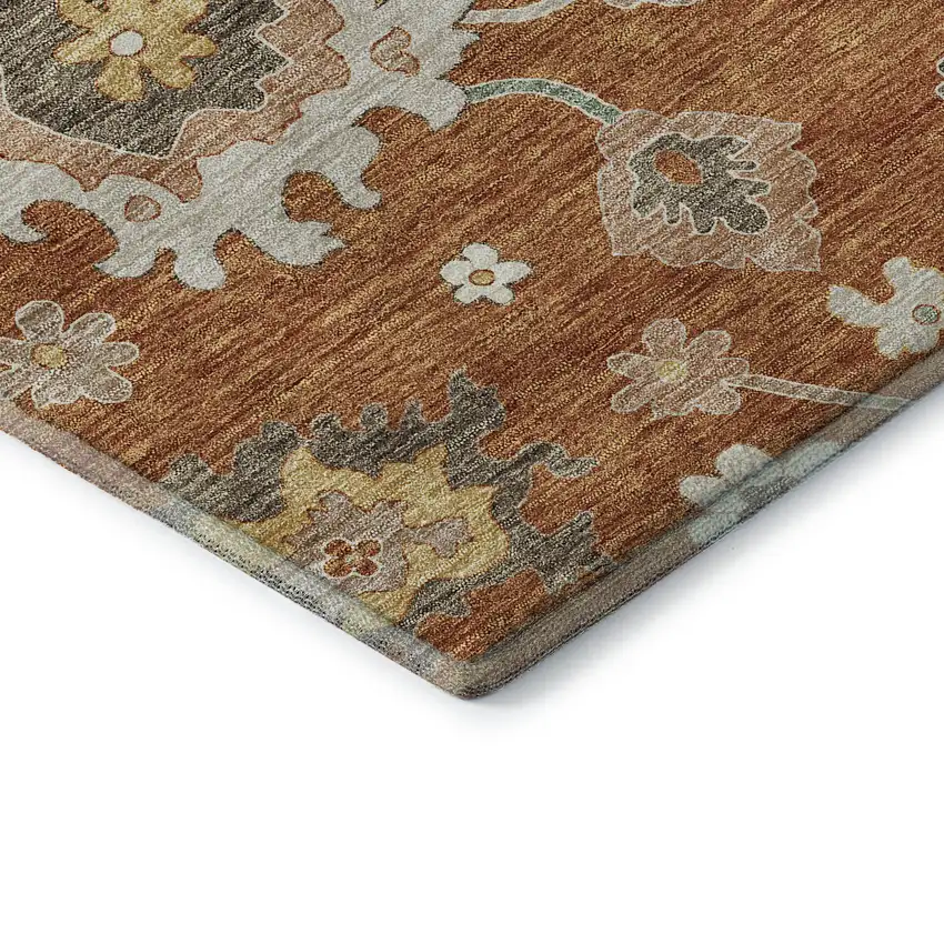 Rust Ivory And Gray Floral Medallion Washable Area Rug With UV Protection Photo 8
