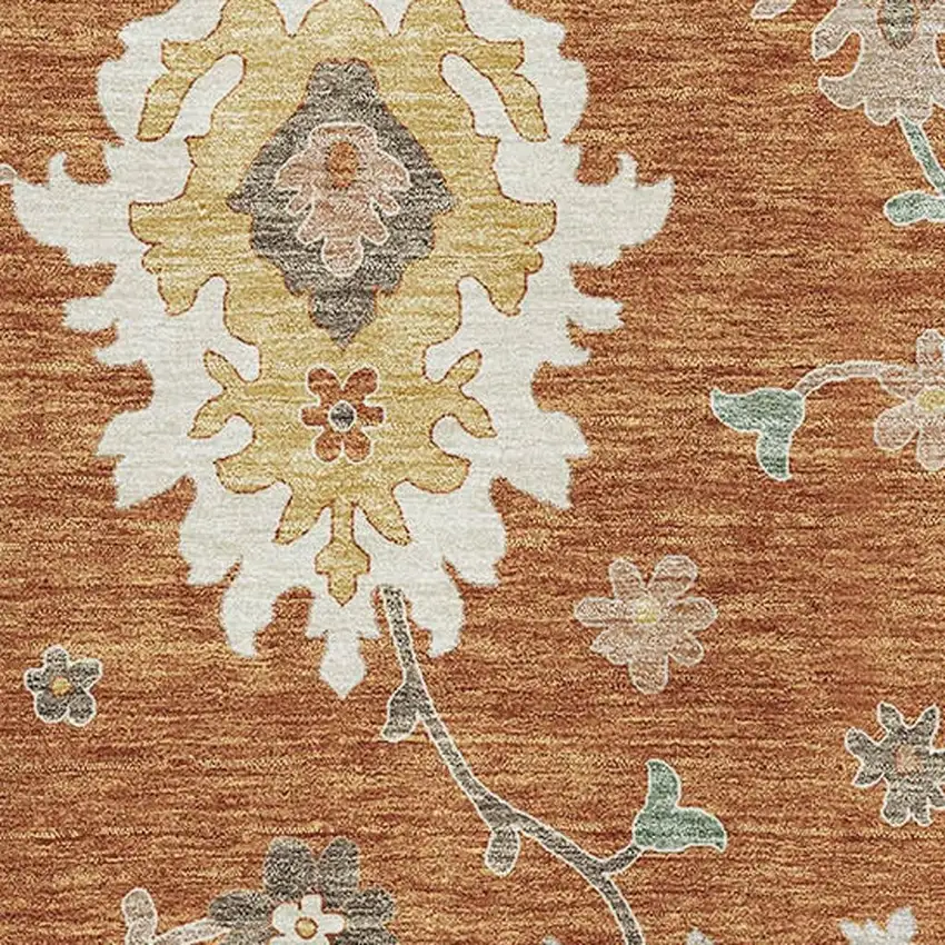 Rust Ivory And Gray Floral Medallion Washable Area Rug With UV Protection Photo 3