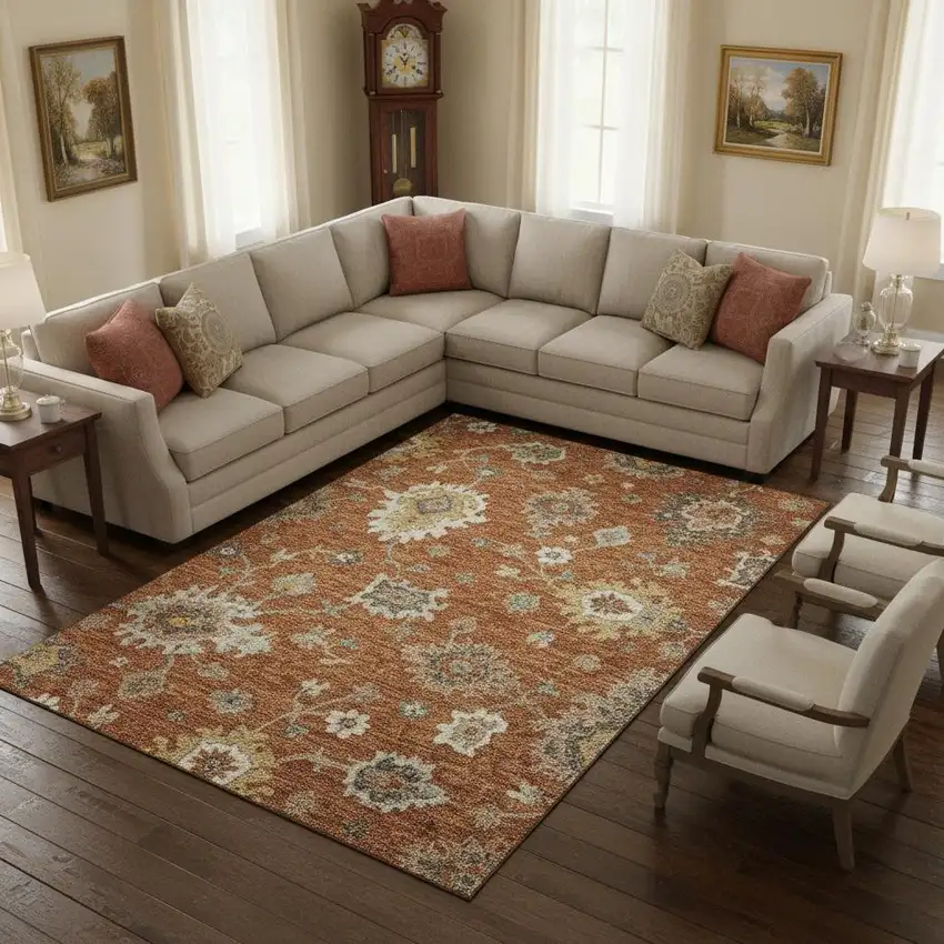 Rust Ivory And Gray Floral Medallion Washable Area Rug With UV Protection Photo 2