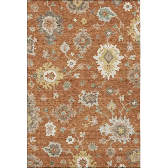 Rust Ivory And Gray Floral Medallion Washable Area Rug With UV Protection Photo 4