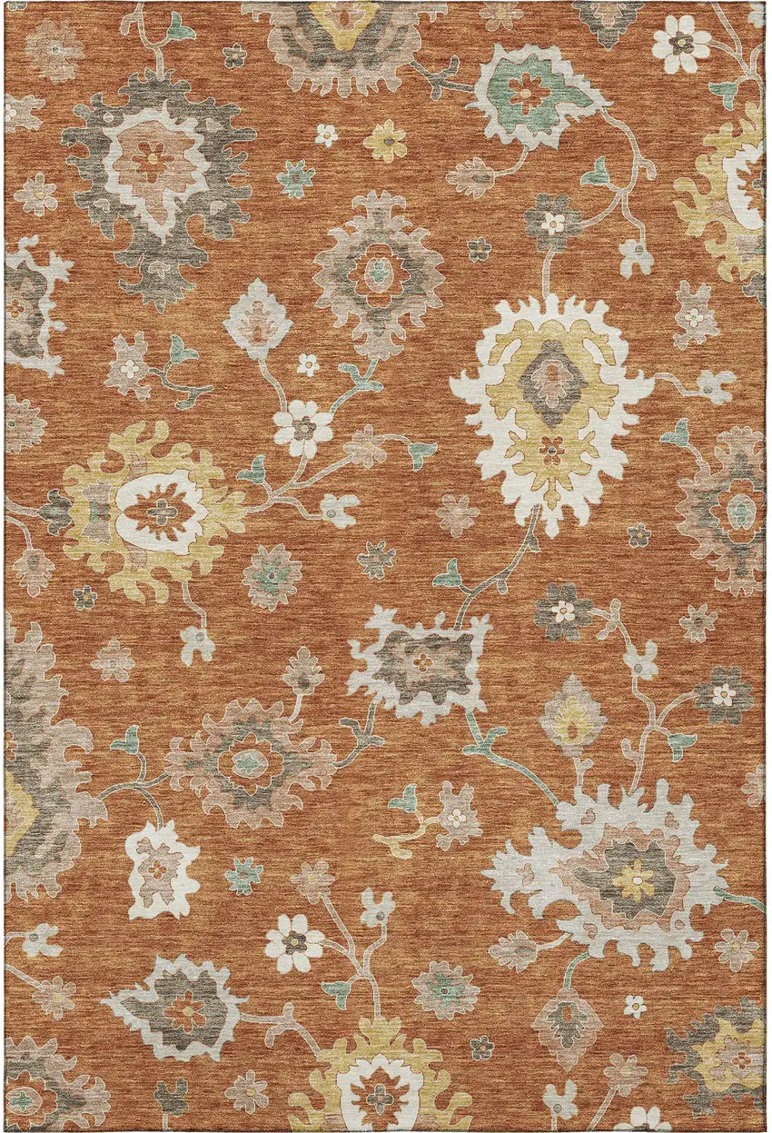 Rust Ivory And Gray Floral Medallion Washable Area Rug With UV Protection Photo 4