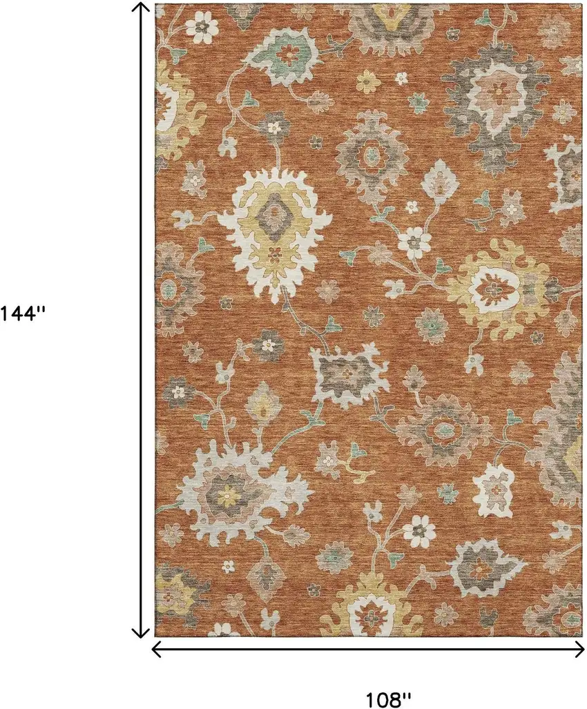 Rust Ivory And Gray Floral Medallion Washable Area Rug With UV Protection Photo 3