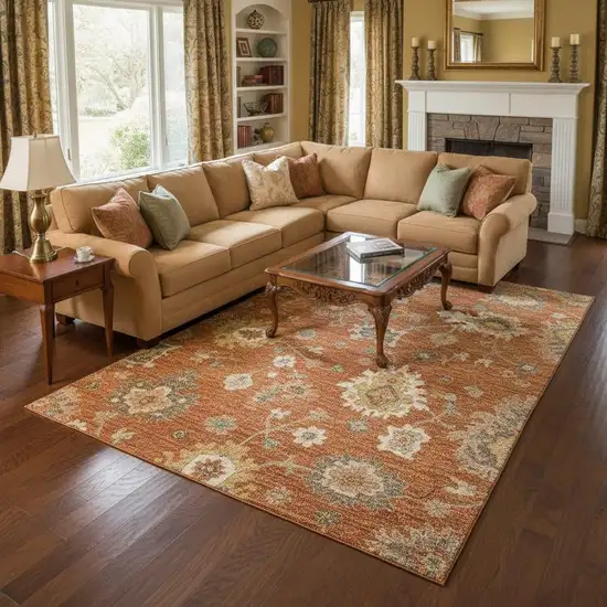 Rust Ivory And Gray Floral Medallion Washable Area Rug With UV Protection Photo 2