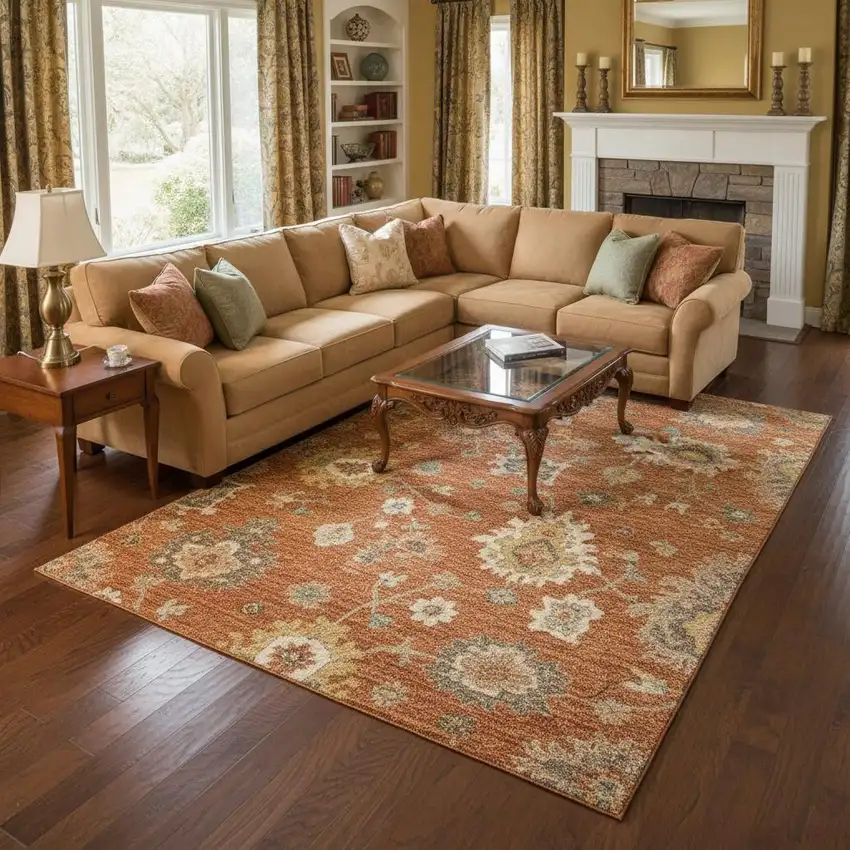 Rust Ivory And Gray Floral Medallion Washable Area Rug With UV Protection Photo 2