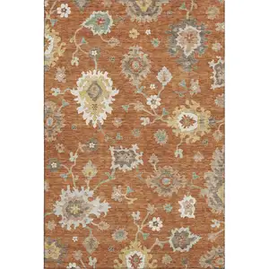 Photo of Rust Ivory And Gray Floral Medallion Washable Area Rug With UV Protection