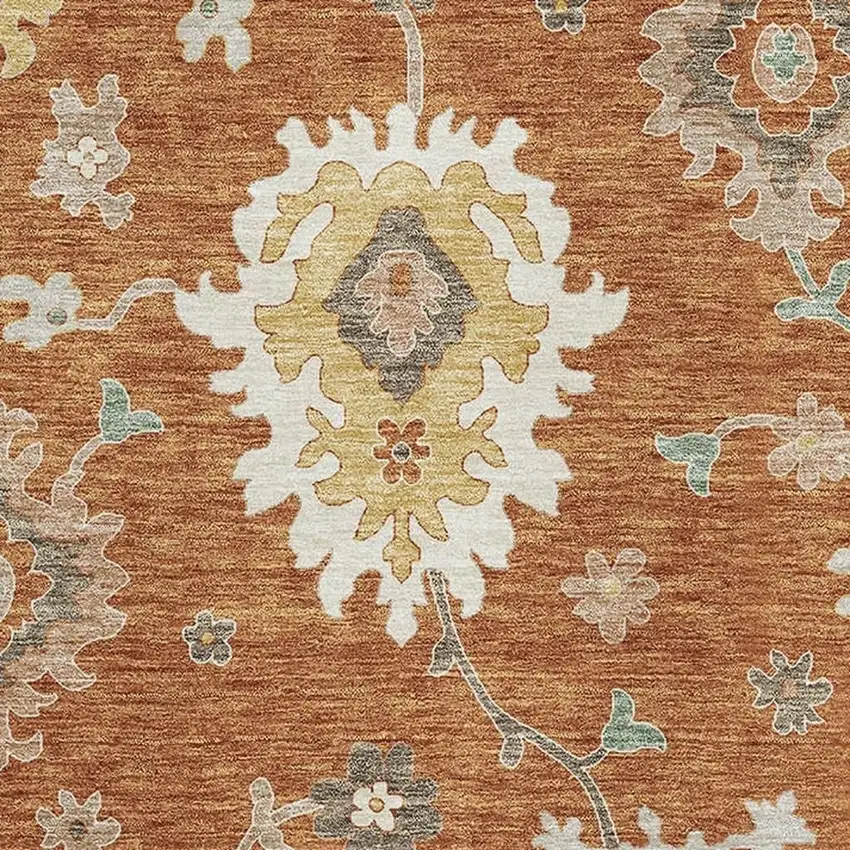 Rust Ivory And Gray Floral Medallion Washable Area Rug With UV Protection Photo 4