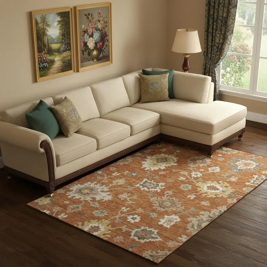 Rust Ivory And Gray Floral Medallion Washable Area Rug With UV Protection Photo 1