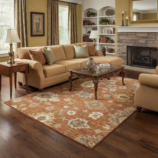 Rust Ivory And Gray Floral Medallion Washable Area Rug With UV Protection Photo 2