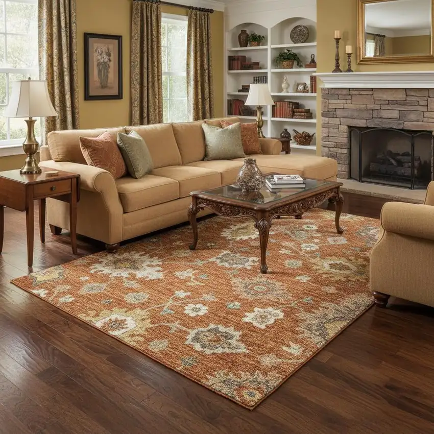 Rust Ivory And Gray Floral Medallion Washable Area Rug With UV Protection Photo 2