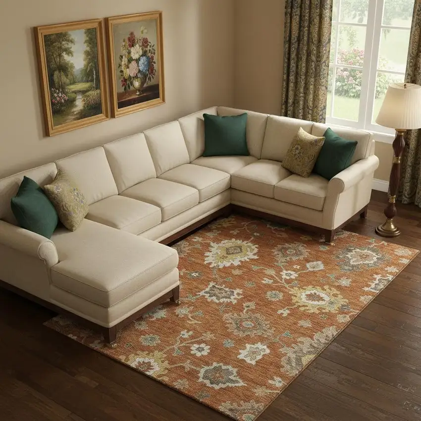 Rust Ivory And Gray Floral Medallion Washable Area Rug With UV Protection Photo 1