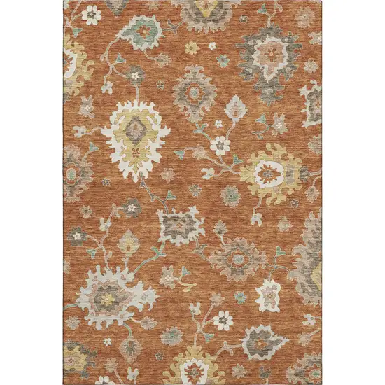 Rust Ivory And Gray Floral Medallion Washable Area Rug With UV Protection Photo 1