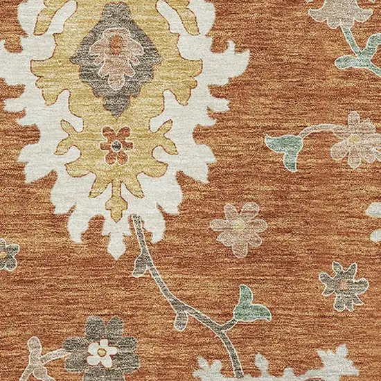 Rust Ivory And Gray Floral Medallion Washable Area Rug With UV Protection Photo 3