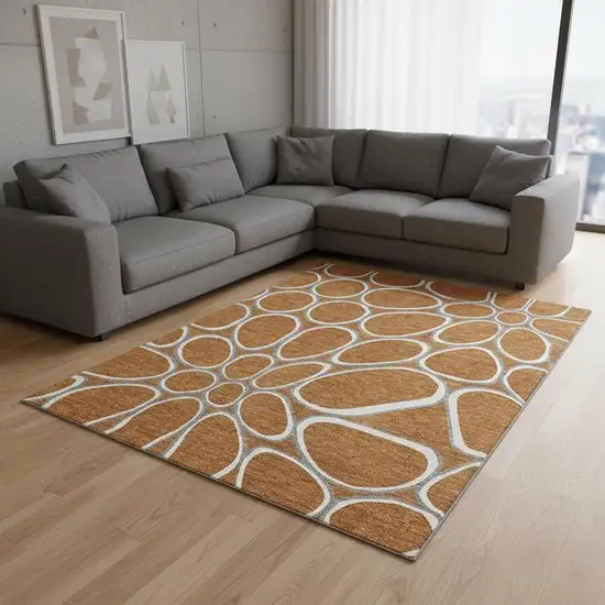 Rust Ivory And Gray Geometric Washable Area Rug With UV Protection Photo 2