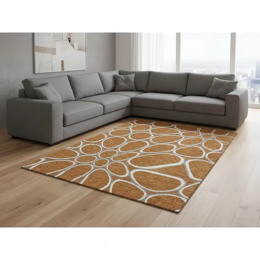 Rust Ivory And Gray Geometric Washable Area Rug With UV Protection Photo 2
