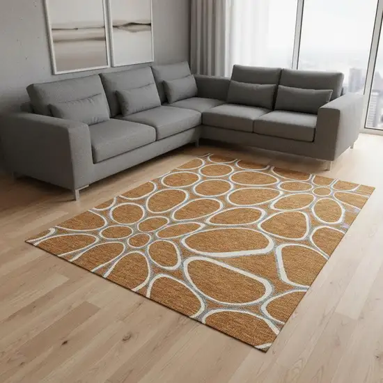 Rust Ivory And Gray Geometric Washable Area Rug With UV Protection Photo 2
