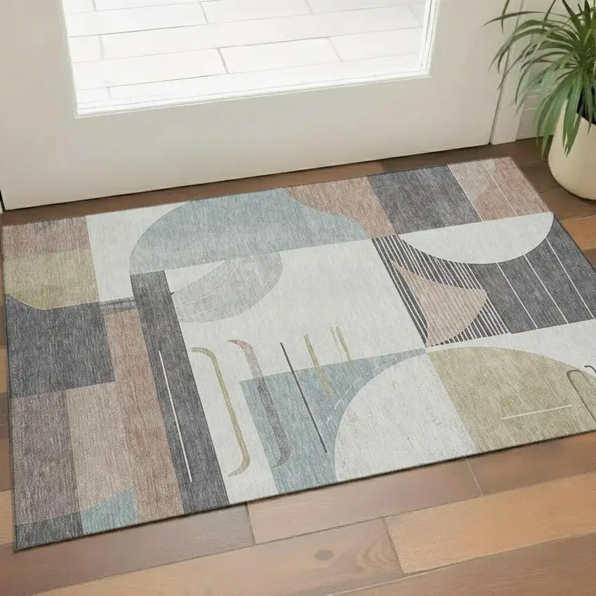 Rust Ivory And Gray Geometric Washable Area Rug With UV Protection Photo 2