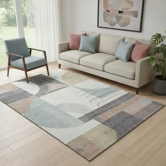 Rust Ivory And Gray Geometric Washable Area Rug With UV Protection Photo 2