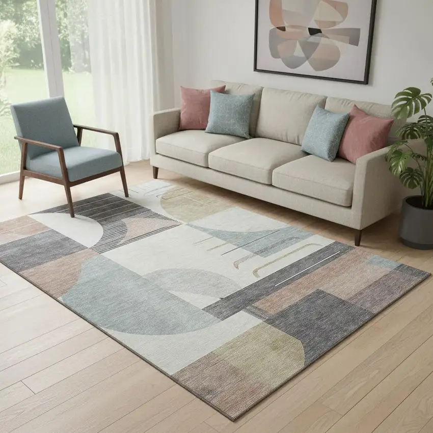 Rust Ivory And Gray Geometric Washable Area Rug With UV Protection Photo 2